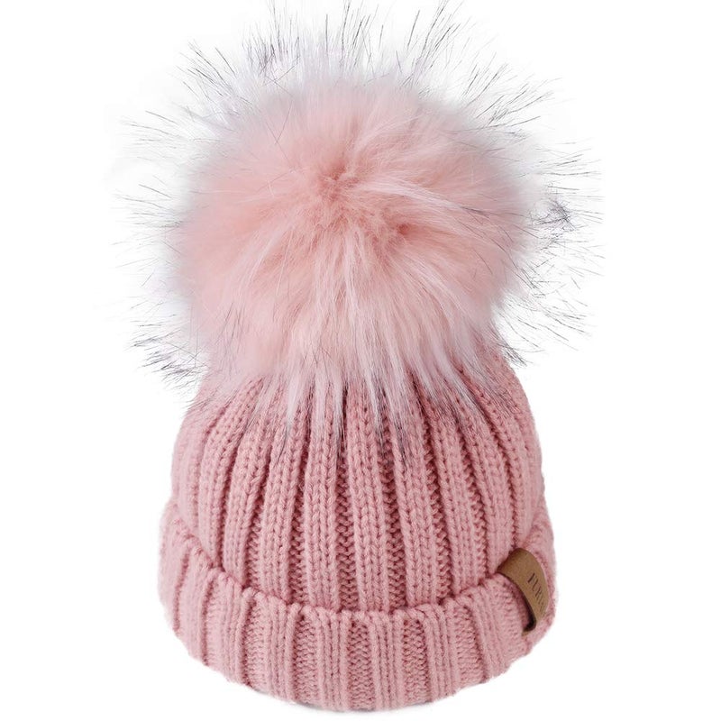 FURTALK Kids Winter Hat Toddler Knitted Beanie with Faux Fur Pom Poms for Baby Girls Boys Pink with Pink Pom,3-24 Months - Image 1